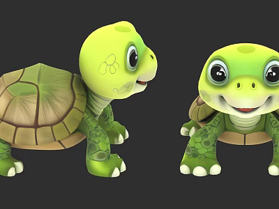 Two Green Cartoon Sea Turtles With Big Eyes Smiling Faces And Shell Patterns 3d model