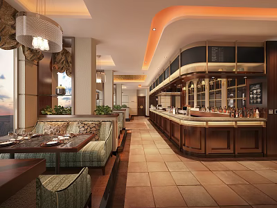 Modern Luxury Restaurant Interior With Open Bar Leather Sofas Chandeliers And Large Windows 3d model