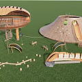Wooden Playground Equipment with Circular Dome Slide and Climbing Structures on Green Lawn