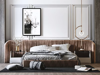 Modern Double Bed With Leather Headboard Nightstands Decorative Painting And Hanging Lamp 3d model