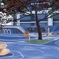 Outdoor Blue Playground Equipment Featuring Slide Climbing Structure Trees Building Blue Pavement And Decorative Elements 3d model