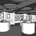 Modern Minimalist Retail Store Interior Design With White Display Counters Shelves And Circular Ceiling Lights