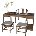 Chinese Style Wooden Tea Table and Chairs with Tea Set Potted Plant and Scroll