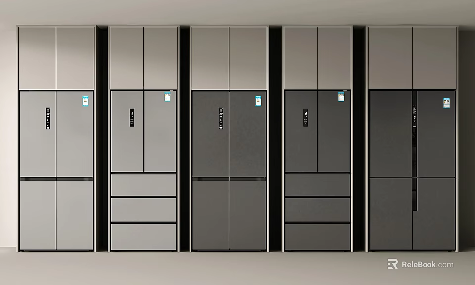 Modern Refrigerators With Sleek Grey Finish Double Door Design And Drawer Compartments 3d model 