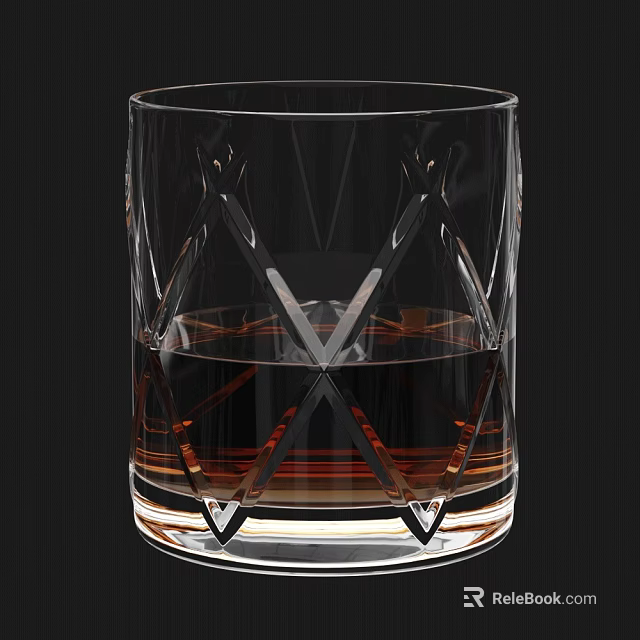 Elegant Transparent Cut Crystal Whiskey Glass With Brown Liquor Inside 3d model 