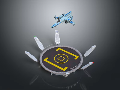 Circular Landing Platform With Yellow Markings White Supports And Blue Aircraft 3d model