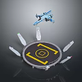 Circular Landing Platform With Yellow Markings White Supports And Blue Aircraft