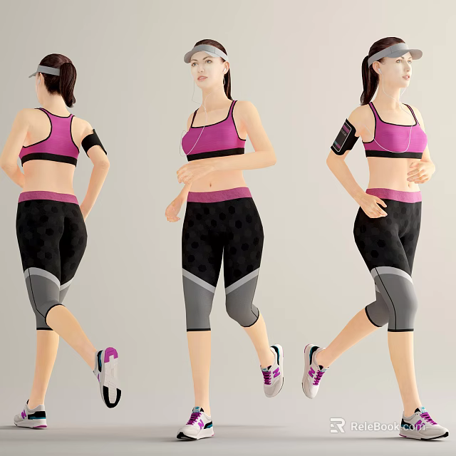 Woman Running in Pink Sports Bra and Black Active Leggings with Cap Armband and Sneakers 3d model 