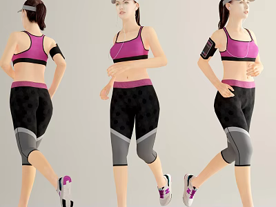 Woman Running in Pink Sports Bra and Black Active Leggings with Cap Armband and Sneakers 3d model
