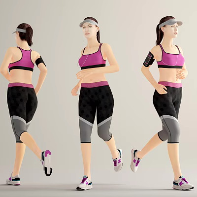 Woman Running in Pink Sports Bra and Black Active Leggings with Cap Armband and Sneakers 3d model