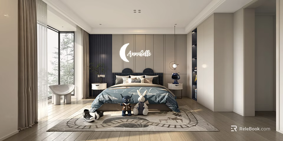 Kids Room Interior With Moon Decor Stuffed Toys Blue Headboard Window View And Geometric Rug 3d model 