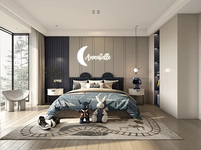 Kids Room Interior With Moon Decor Stuffed Toys Blue Headboard Window View And Geometric Rug 3d model