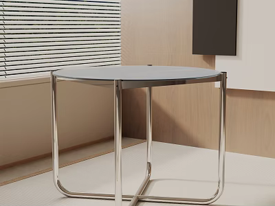 Round Side Table with Glass Top and Metal Frame Near Window Blinds on Light Floor 3d model