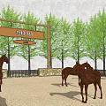 Equestrian Club Ground With Horses Sandy Area Fencing Trees And Wooden Sign