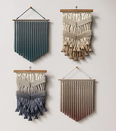 Different Colored Macramé Wall Hangings With Tassel And Chevron Patterns For Home Decor 3d model