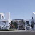 Modern Commercial Street With White Buildings Trees Steps And Evening Pedestrians