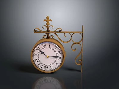 Vintage Gold Wrought Iron Wall Clock With Ornate Bracket And Roman Numeral Dial 3d model