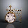 Vintage Gold Wrought Iron Wall Clock With Ornate Bracket And Roman Numeral Dial