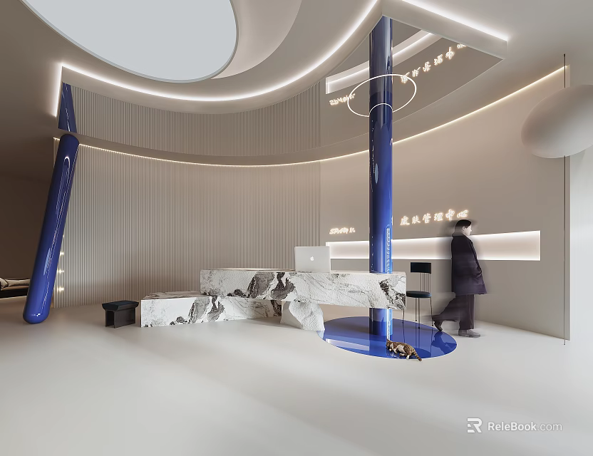 Modern Reception Area Interior With Curved Lines Marble Desk And Blue Columns 3d model 