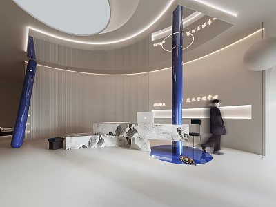 Modern Reception Area Interior With Curved Lines Marble Desk And Blue Columns 3d model