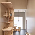 Modern Wooden Entryway with Multi Tiered Shelves Cat Beds Hanging Hooks and Circular Openings