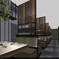 Modern Restaurant Interior With Wooden Ceiling Chandeliers Yellow Chairs Dining Tables And Green Plants