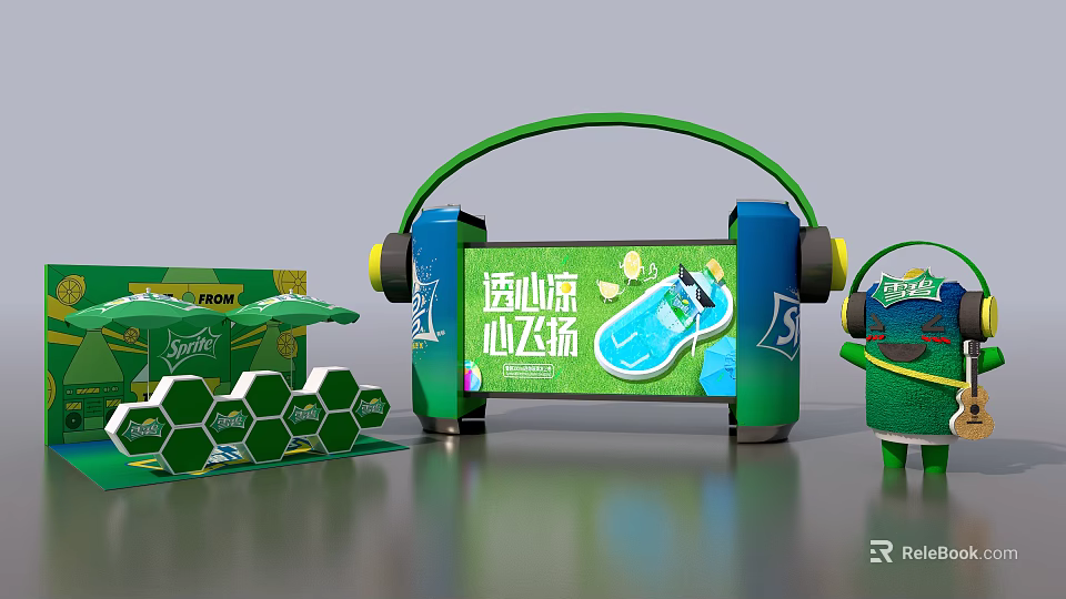 Refreshing Green Beverage Packaging With Cartoon Character Headphones And Hexagonal Shapes 3d model 