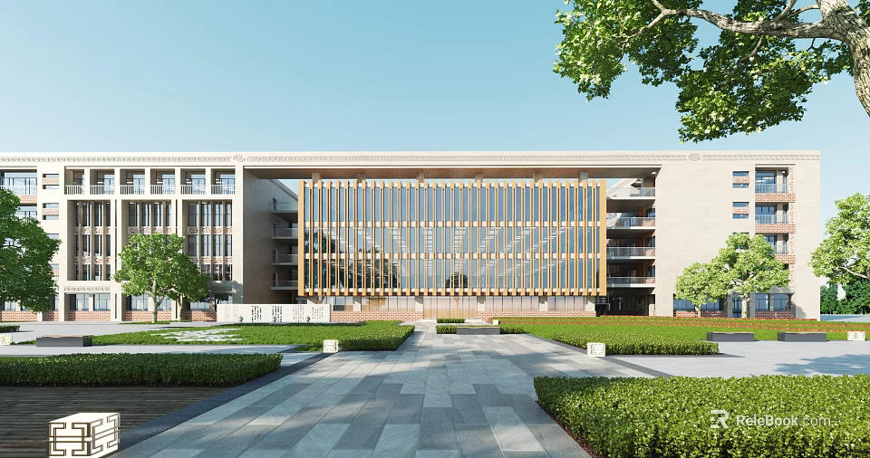 Modern Multi Storey Office Building With Glass Facade Wooden Slats And Landscaped Front Plaza 3d model 