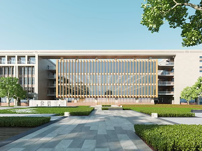 Modern Multi Storey Office Building With Glass Facade Wooden Slats And Landscaped Front Plaza 3d model