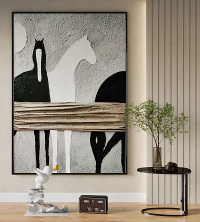 Abstract Painting With Horse Motifs Black White Gray Textured Design And Green Plant Accent 3d model