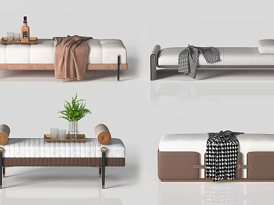 Different Modern Ottoman Designs with Brown White Leather Fabric Blanket Tray and Green Plant Decor 3d model