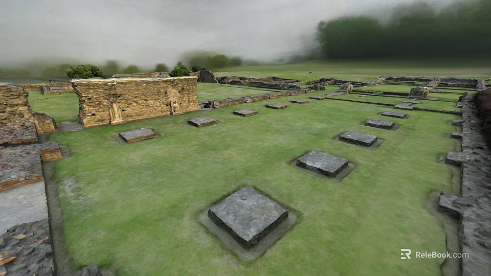 Ancient Historical Site with Stone Pedestals on Green Grassland and Ruined Walls Surrounded by Trees 3d model 