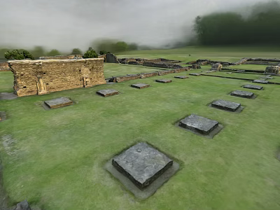 Ancient Historical Site with Stone Pedestals on Green Grassland and Ruined Walls Surrounded by Trees 3d model