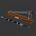 Warrior Swords Displayed on Wooden Stand with Metal Blades and Sheath