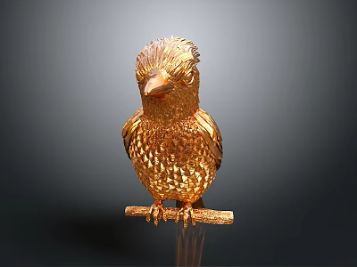 Artistic Golden Bird Sculpture Perched On Branch With Shiny Feather Details 3d model