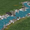 Small Garden Ornamental Landscape With Flowing Stream Stones Green Grass Plants and Trees