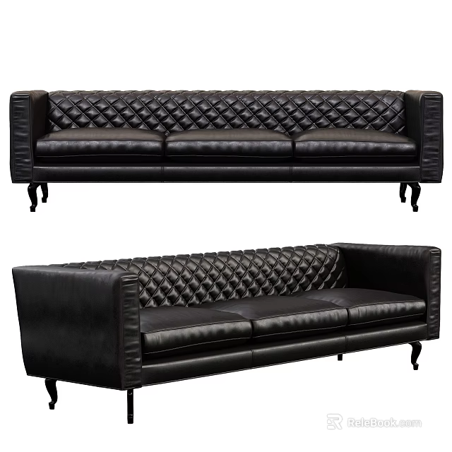 Black Leather Three Seater Sofa With Tufted Diamond Pattern And Modern Design 3d model