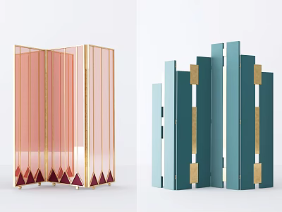 Modern Room Dividers With Pink Transparent Panels Teal Geometric And Gold Frames Red Accents 3d model