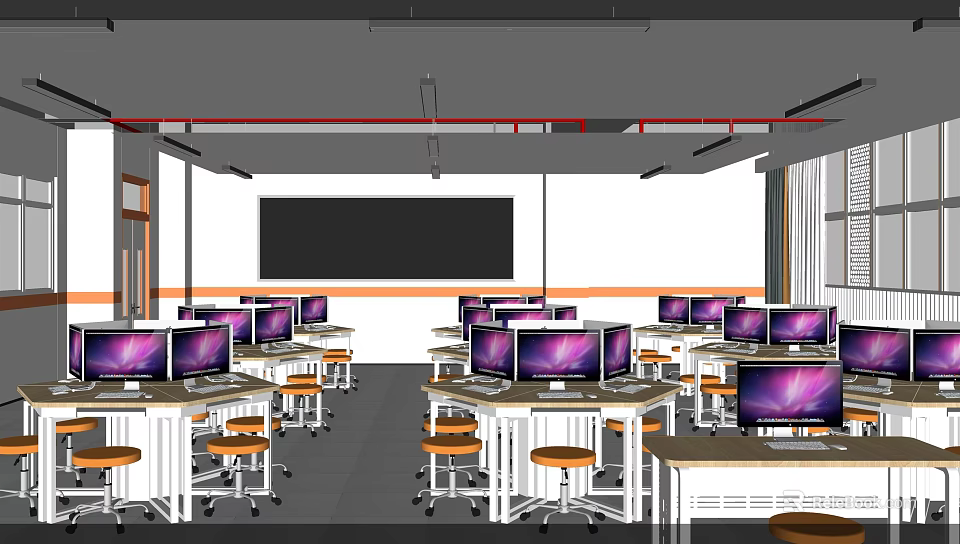 School Computer Classroom Interior With Desktop Computers Student Desks Chairs And Projector Screen 3d model