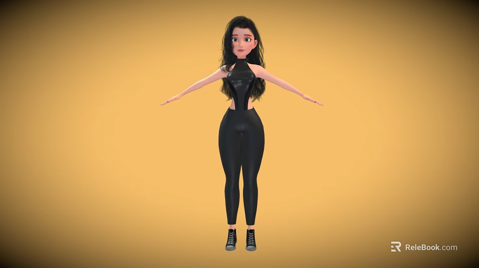 Stylish Female Character In Black Tight Outfit With Black Shoes Against Yellow Background 3d model 