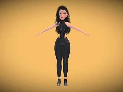 Stylish Female Character In Black Tight Outfit With Black Shoes Against Yellow Background 3d model