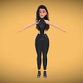 Stylish Female Character In Black Tight Outfit With Black Shoes Against Yellow Background