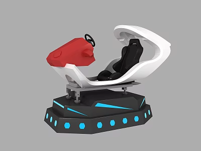 Modern Racing Simulator With White Frame Black Seat Red Steering Wheel Blue Lit Base 3d model