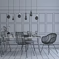 Modern Wooden Dining Table Set With Rattan Chairs Blue Cushion White Paneled Wall Pendant Lights
