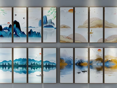 Chinese Ink Style Landscape Paintings With Mountains Rivers Reflections Boats And Birds 3d model