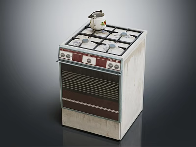 Vintage Gas Stove Kitchen Appliance With Teapot On Top And Control Knobs 3d model