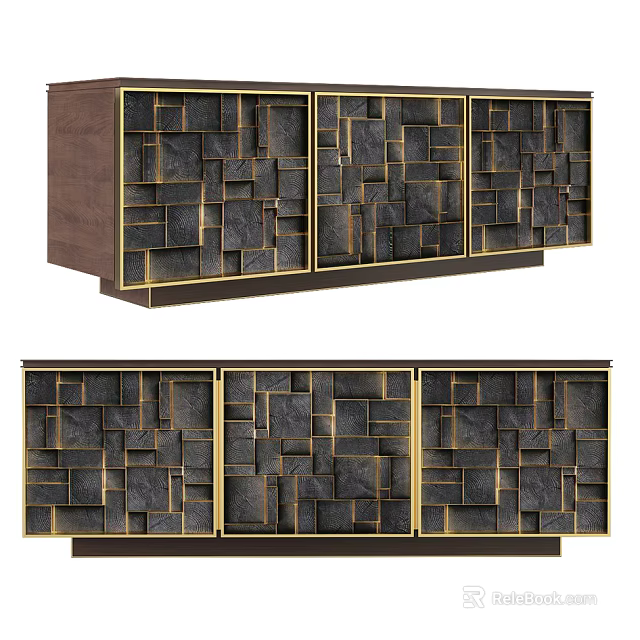 Elegant Modern TV Stand Featuring Dark Wood Cabinet Gold Trim And Geometric Square Pattern 3d model 