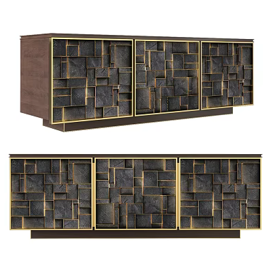 Elegant Modern TV Stand Featuring Dark Wood Cabinet Gold Trim And Geometric Square Pattern 3d model