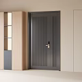 Modern Interior Design With Dark Slatted Door And Light Wooden Cabinet