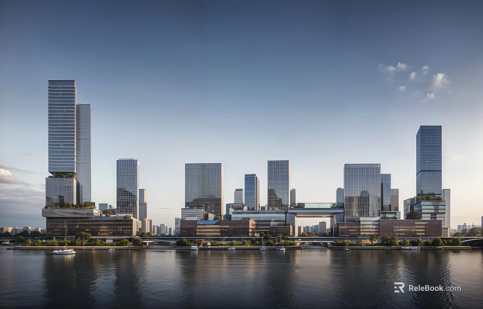 Tall Modern Office Buildings With Glass Facades Along Waterfront Urban Skyline 3d model 